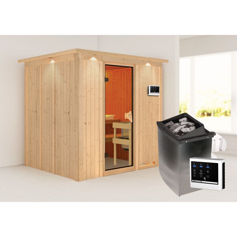 Sauna aus hellem Holz mit Saunaofen