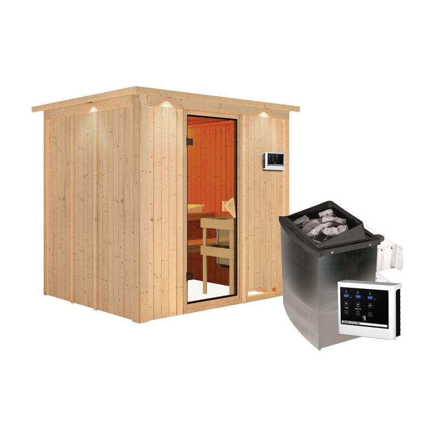 Sauna aus hellem Holz mit Saunaofen