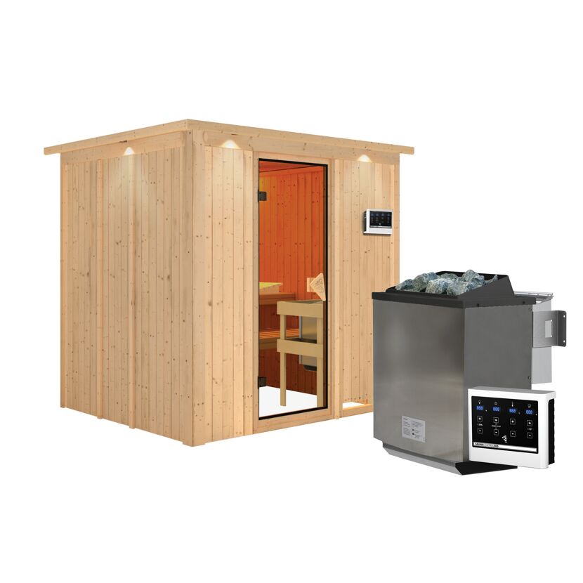 Elementsauna 'Alejandra' naturbelassen mit Kranz 9 kW Bio-Ofen externe Steuerung Easy 210 x 184 x 202 cm