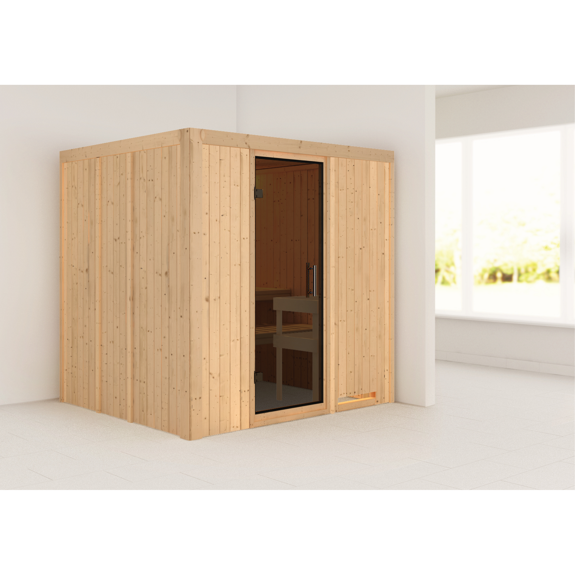 Elementsauna 'Alejandra' naturbelassen mit graphitfarbener Tür 196 x 170 x 198 cm