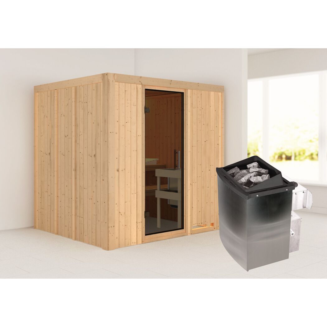 Sauna aus Holz mit Saunaofen