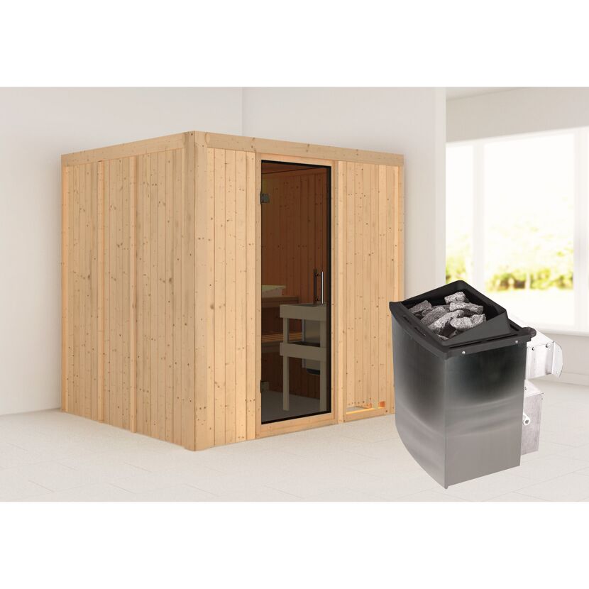 Sauna aus Holz mit Saunaofen