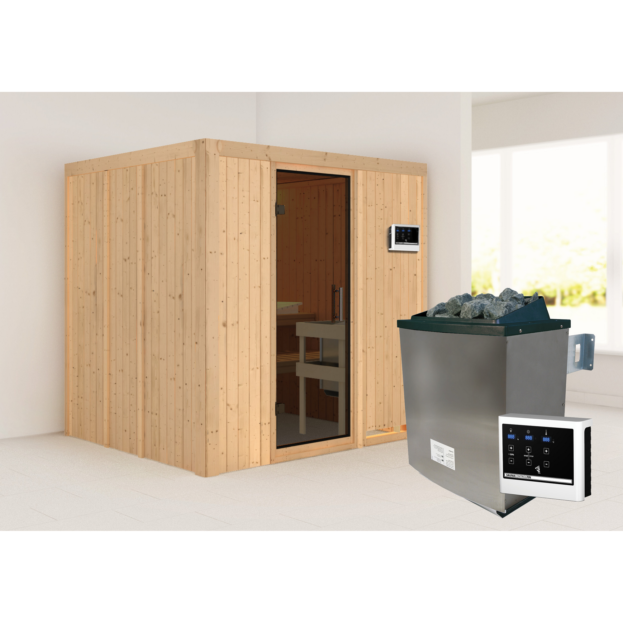 Elementsauna 'Alejandra' naturbelassen mit graphitfarbener Tür 9 kW Ofen externe Steuerung Easy 196 x 170 x 198 cm