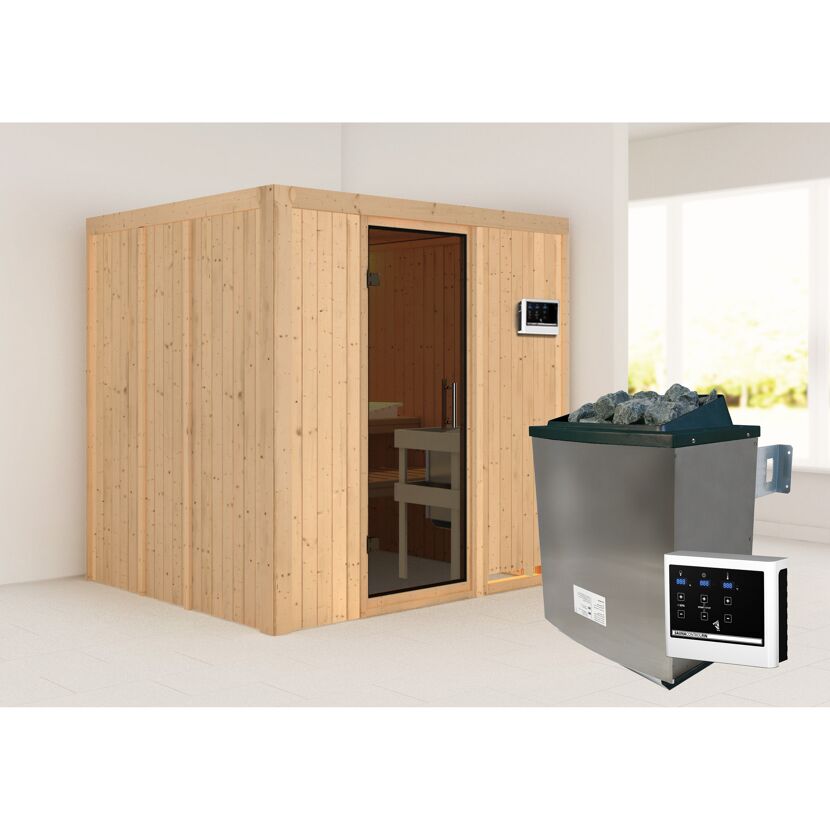 Sauna aus hellem Holz mit Saunaofen