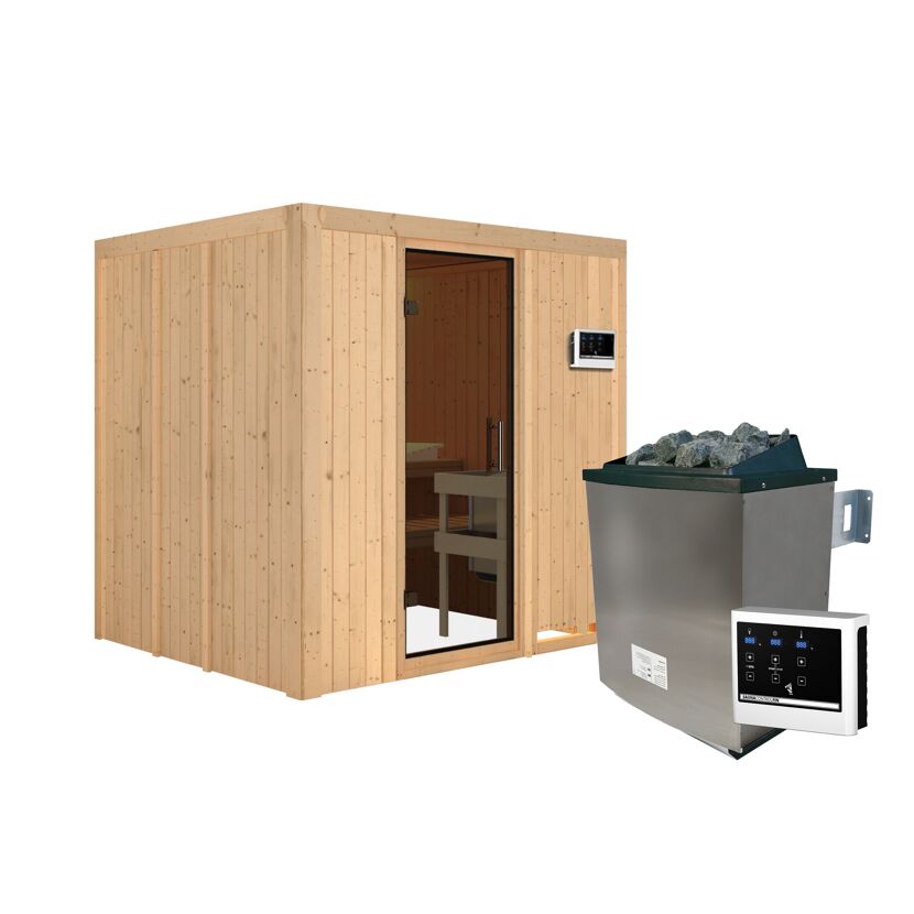 Sauna aus hellem Holz mit Saunaofen
