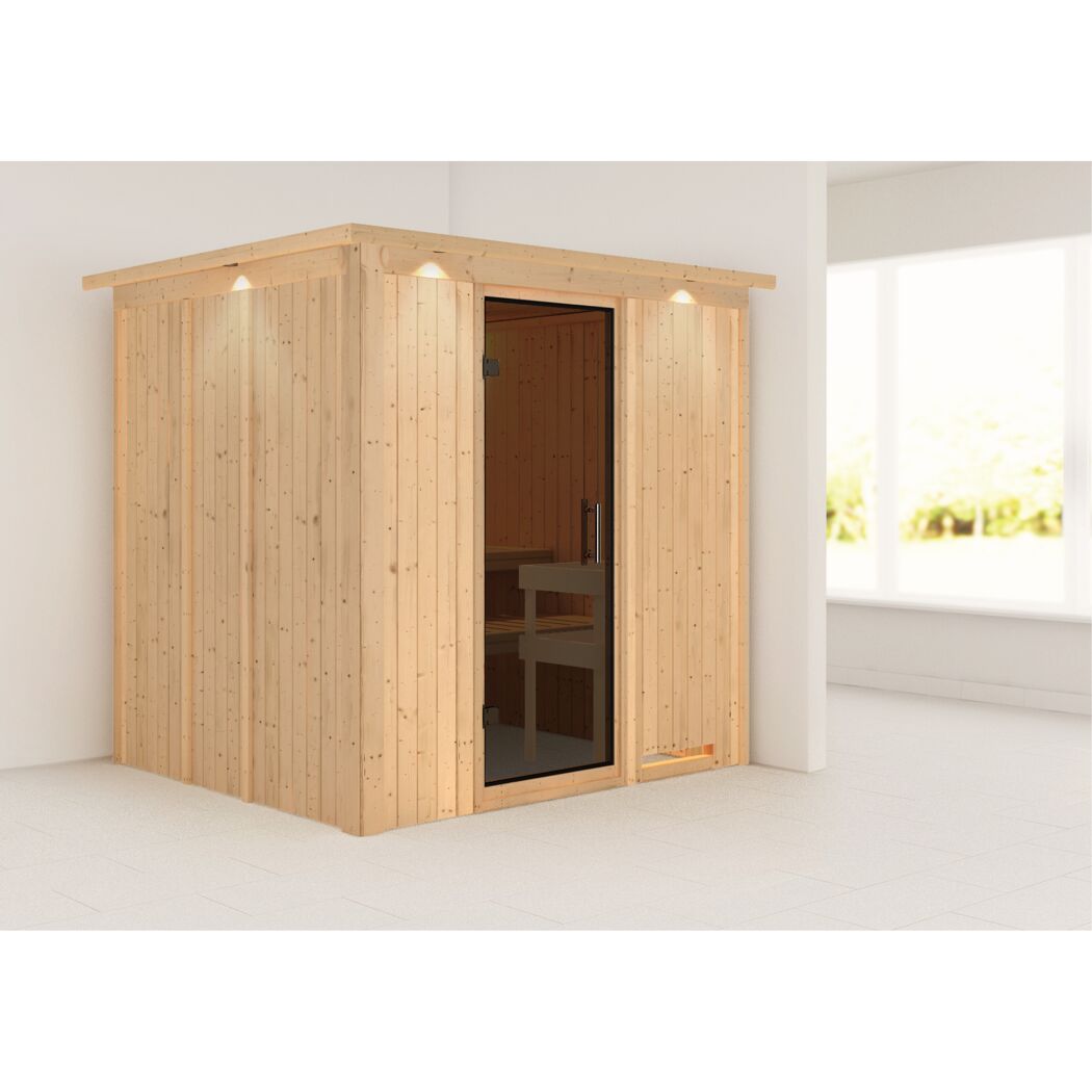 Elementsauna 'Alejandra' naturbelassen mit Kranz und graphitfarbener Tür 210 x 184 x 202 cm