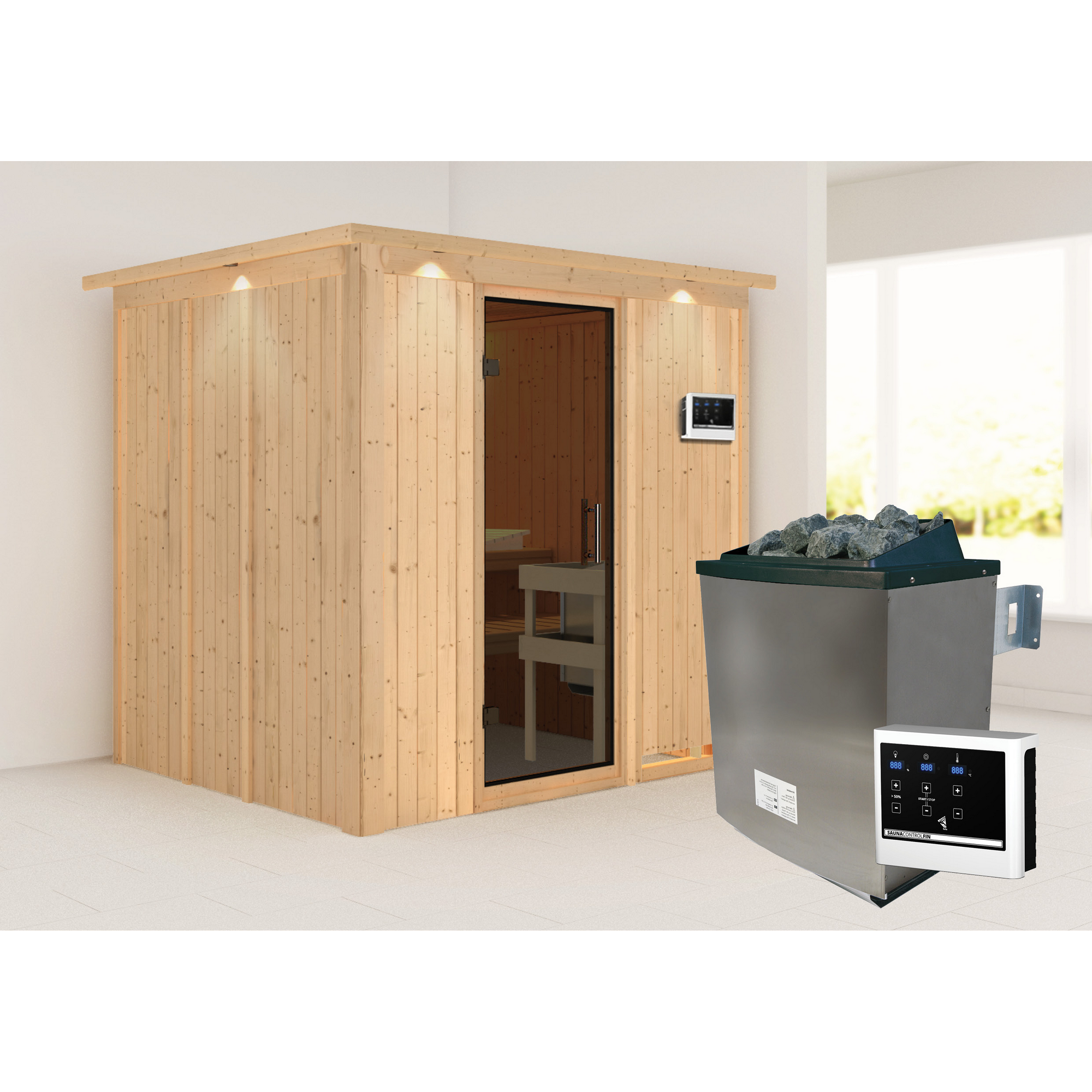 Elementsauna 'Alejandra' naturbelassen mit Kranz und graphitfarbener Tür 9 kW Ofen externe Steuerung Easy 210 x 184 x 202 cm + product picture