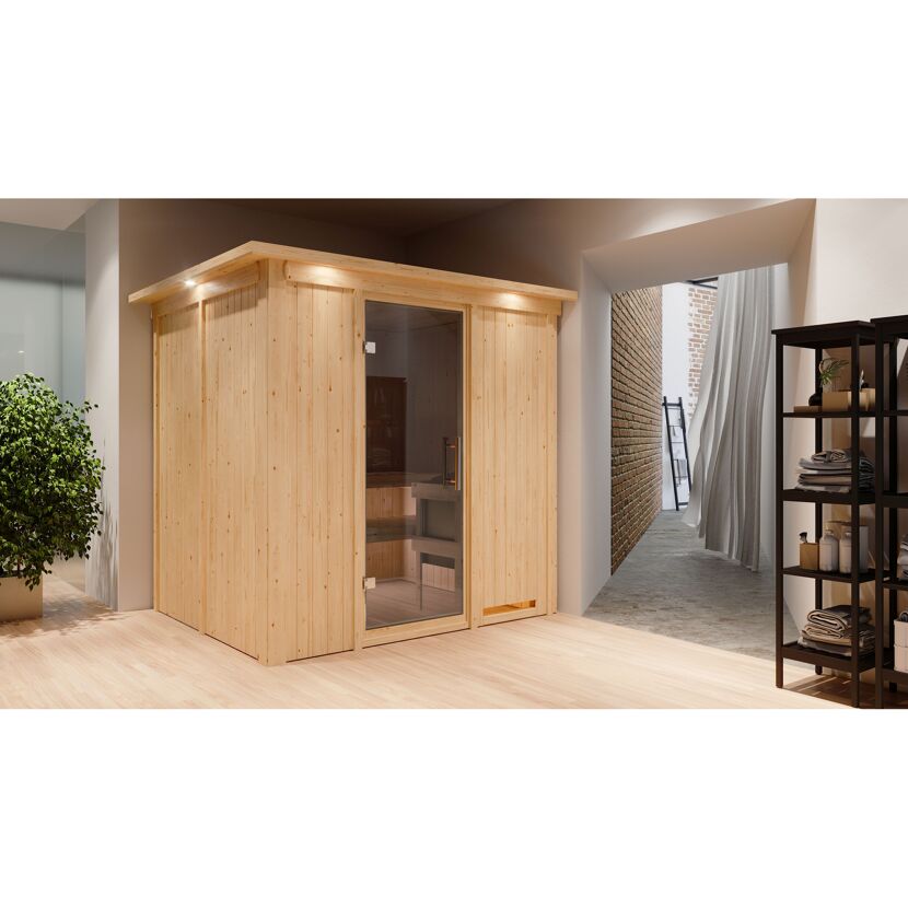 Elementsauna 'Alejandra' naturbelassen mit Kranz und graphitfarbener Tür 9 kW Bio-Ofen externe Steuerung Easy 210 x 184 x 202 cm