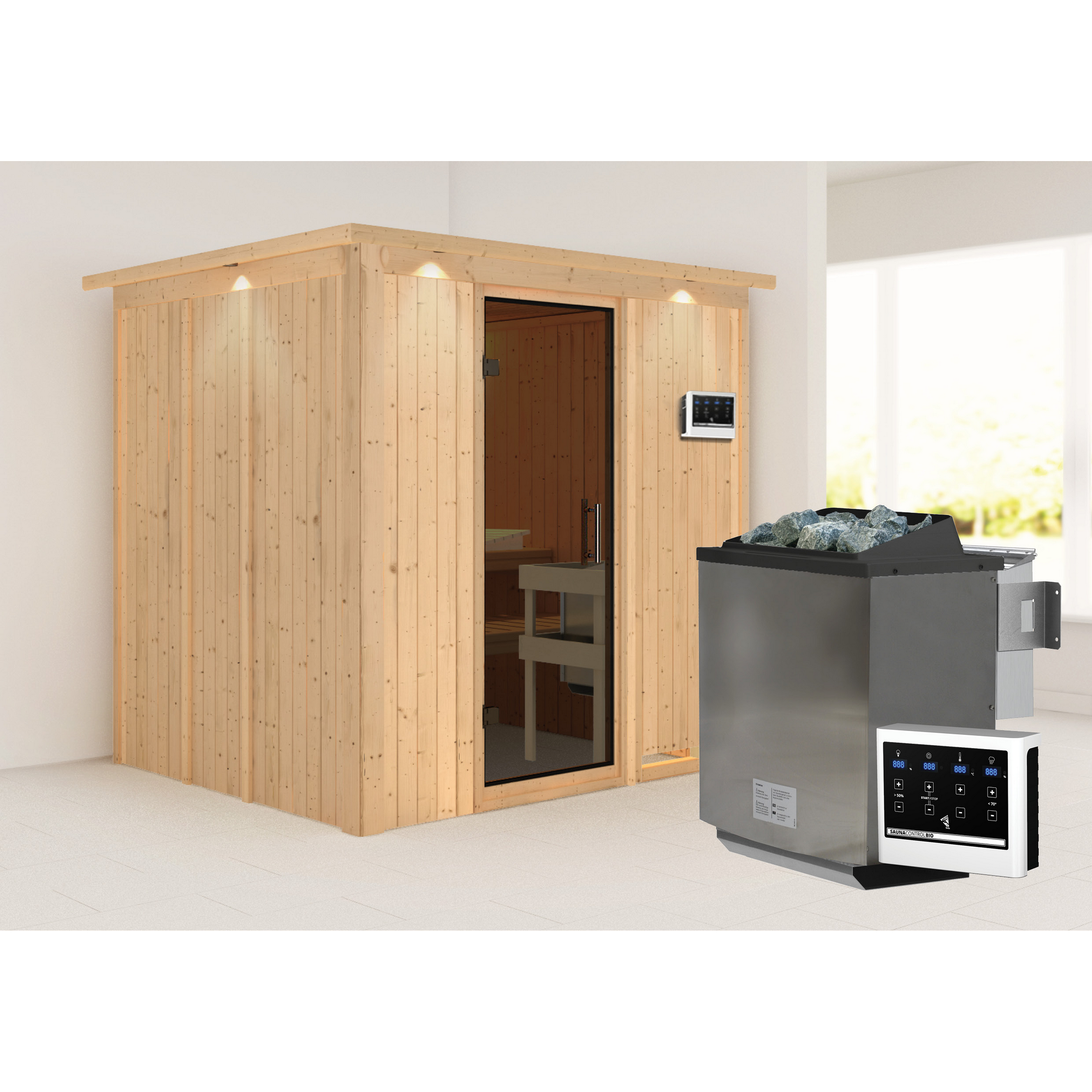 Elementsauna 'Alejandra' naturbelassen mit Kranz und graphitfarbener Tür 9 kW Bio-Ofen externe Steuerung Easy 210 x 184 x 202 cm