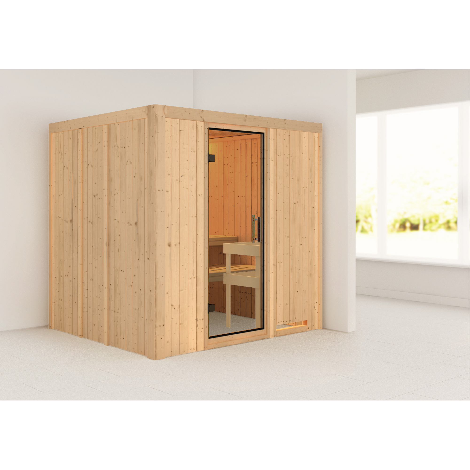 Elementsauna 'Alejandra' naturbelassen mit Klarglastür 196 x 170 x 198 cm