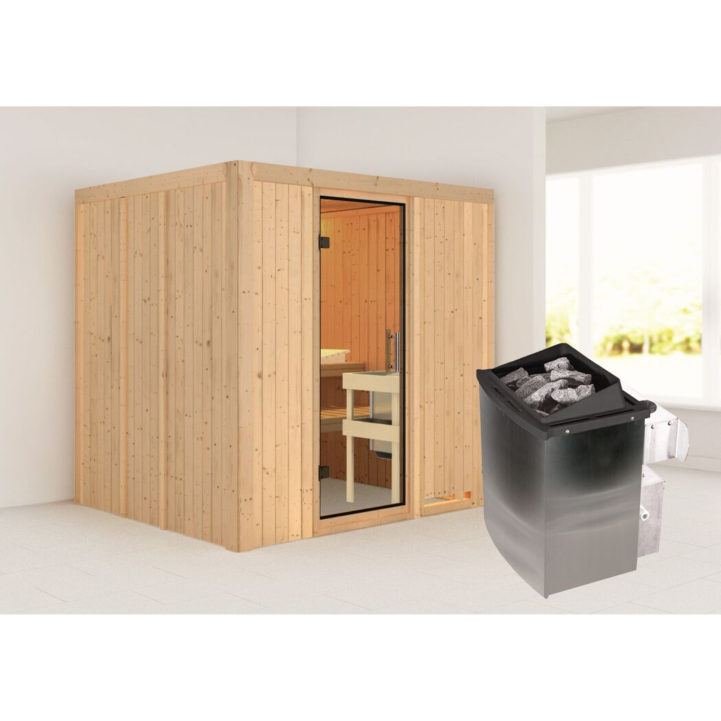Elementsauna 'Alejandra' naturbelassen mit Klarglastür 9 kW Ofen integrierte Steuerung 196 x 170 x 198 cm