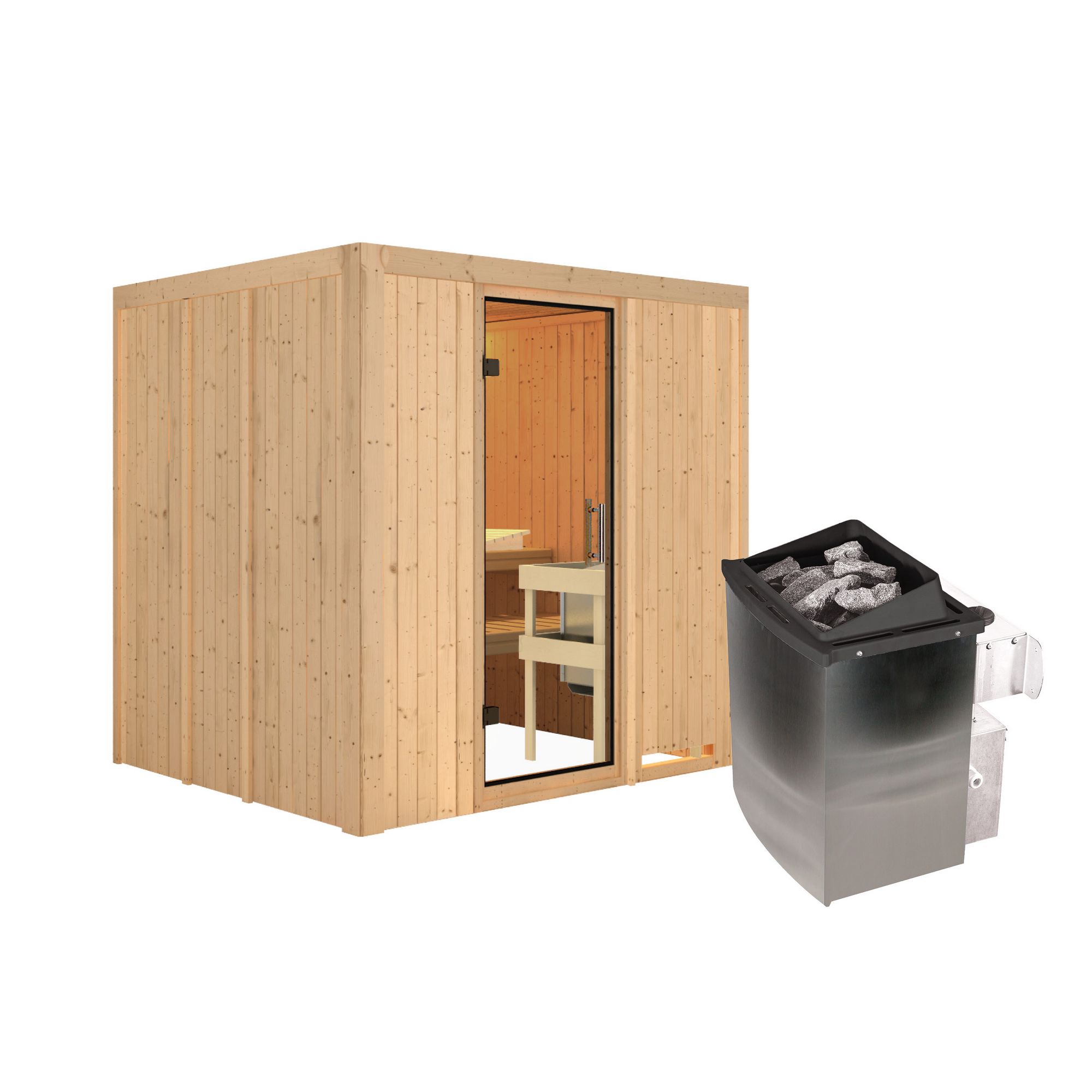 Elementsauna 'Alejandra' naturbelassen mit Klarglastür 9 kW Ofen integrierte Steuerung 196 x 170 x 198 cm
