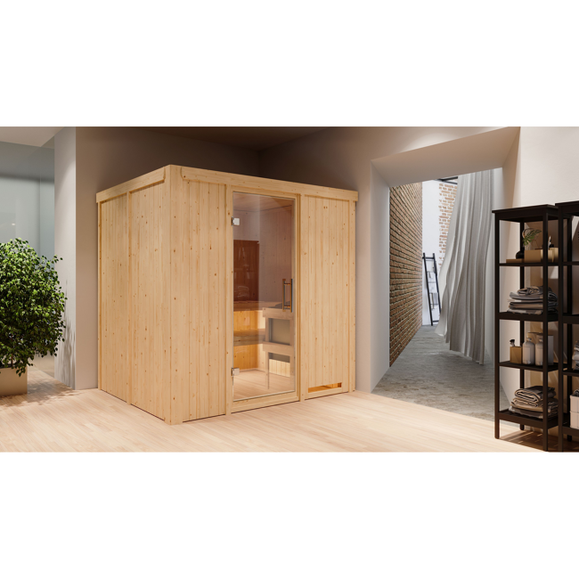 Bild von Elementsauna 'Alejandra' naturbelassen mit Klarglastür 9 kW Bio-Ofen externe Steuerung easy 196 x 170 x 198 cm
