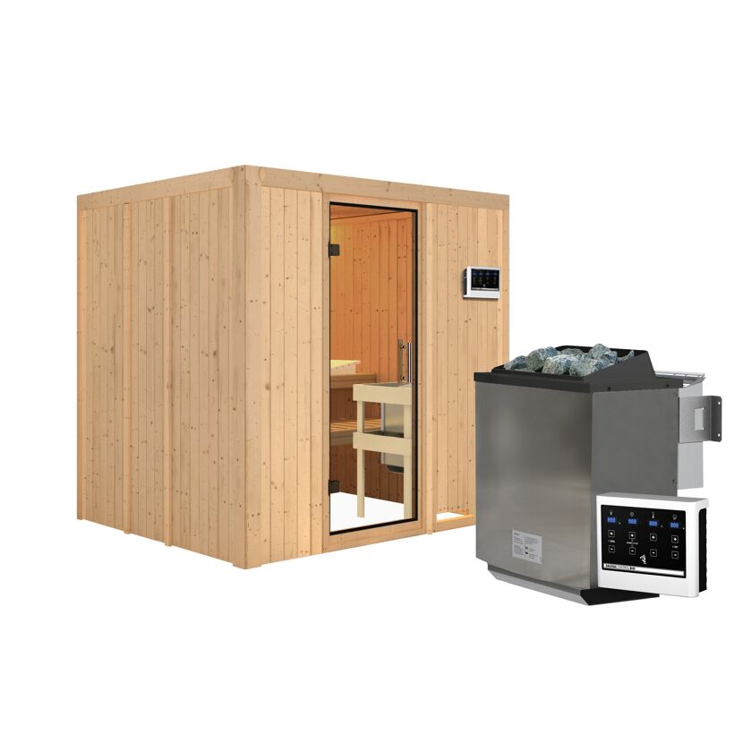 Außenansicht einer Sauna aus hellem Holz mit Saunaofen.