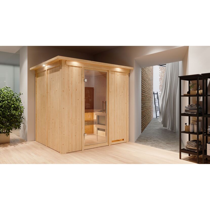 Sauna aus hellem Holz mit Glastür