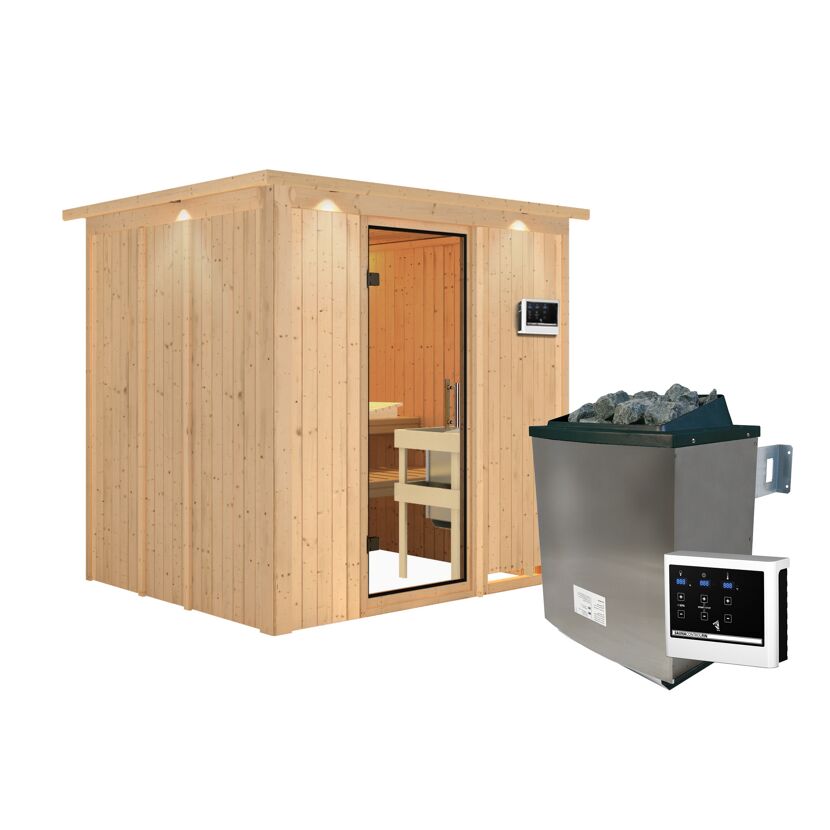 Außenansicht einer Sauna aus Holz mit Saunaofen
