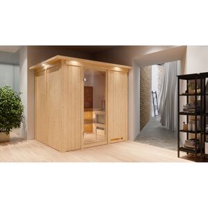 Elementsauna 'Alejandra' naturbelassen mit Kranz und Klarglastür 9 kW Bio-Ofen externe Steuerung easy 210 x 184 x 202 cm