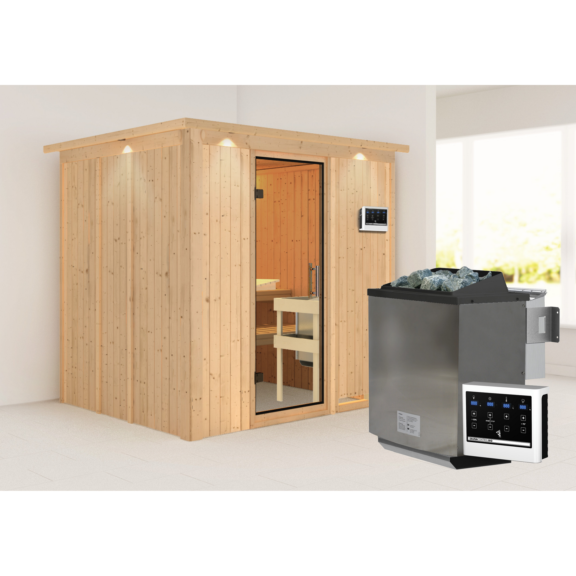 Elementsauna 'Alejandra' naturbelassen mit Kranz und Klarglastür 9 kW Bio-Ofen externe Steuerung easy 210 x 184 x 202 cm