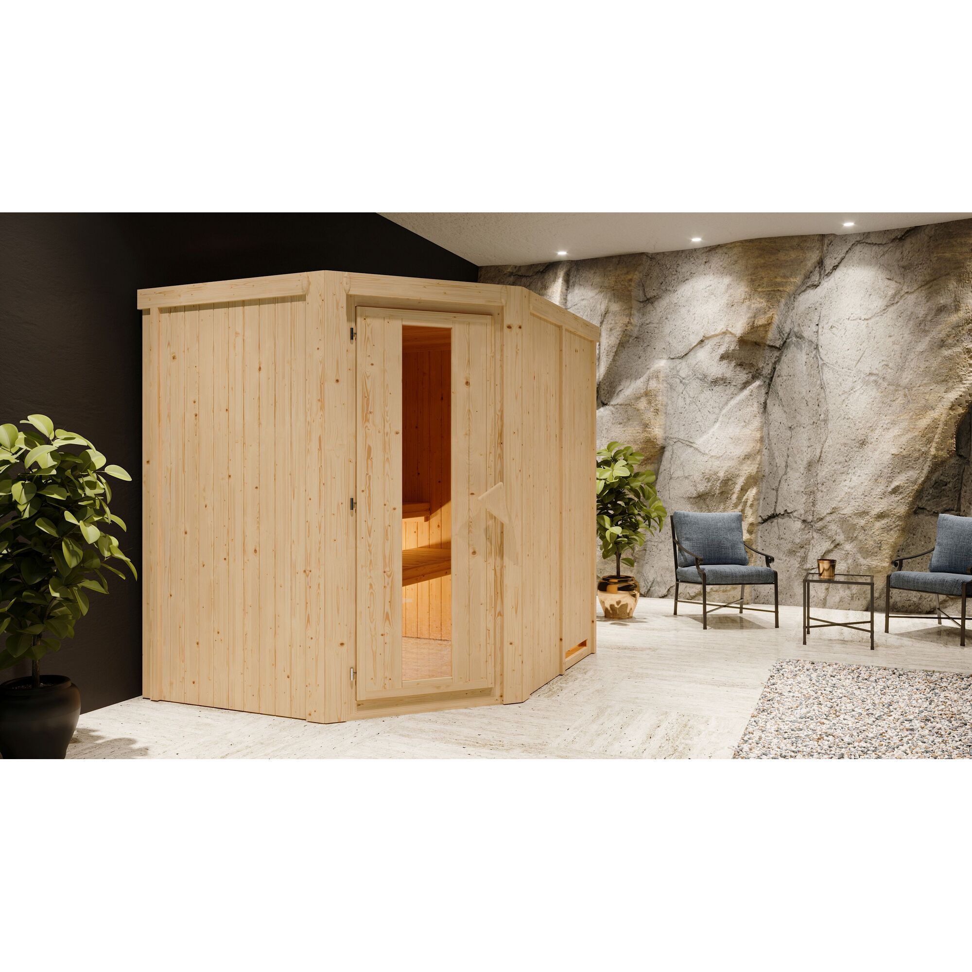 Ecksauna aus hellem Holz