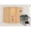 Ecksauna aus hellem Holz mit Saunaofen