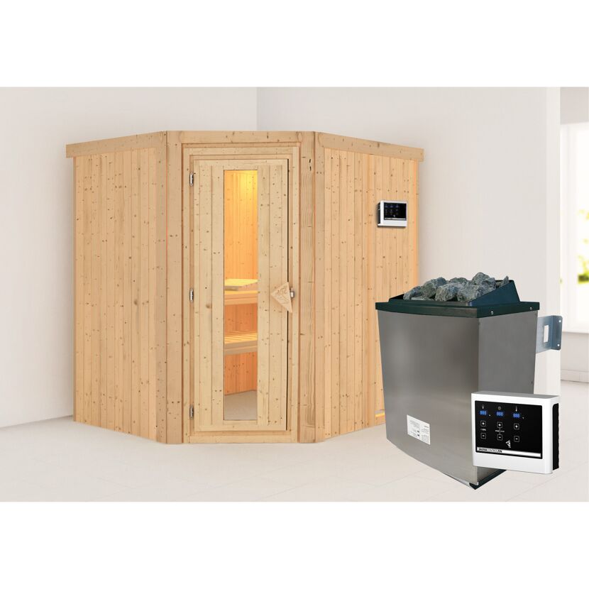 Ecksauna aus hellem Holz mit Saunaofen