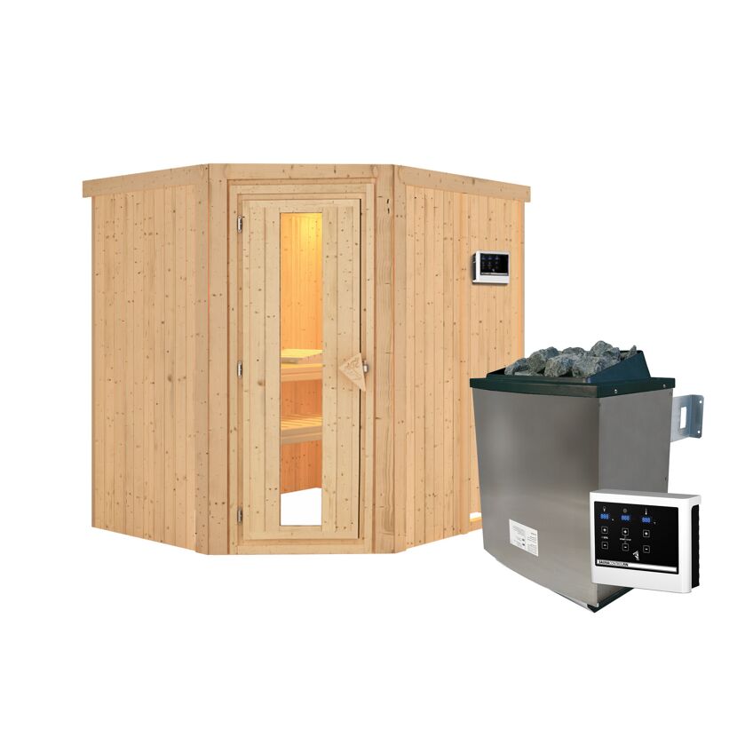 Ecksauna aus Holz mit Saunaofen