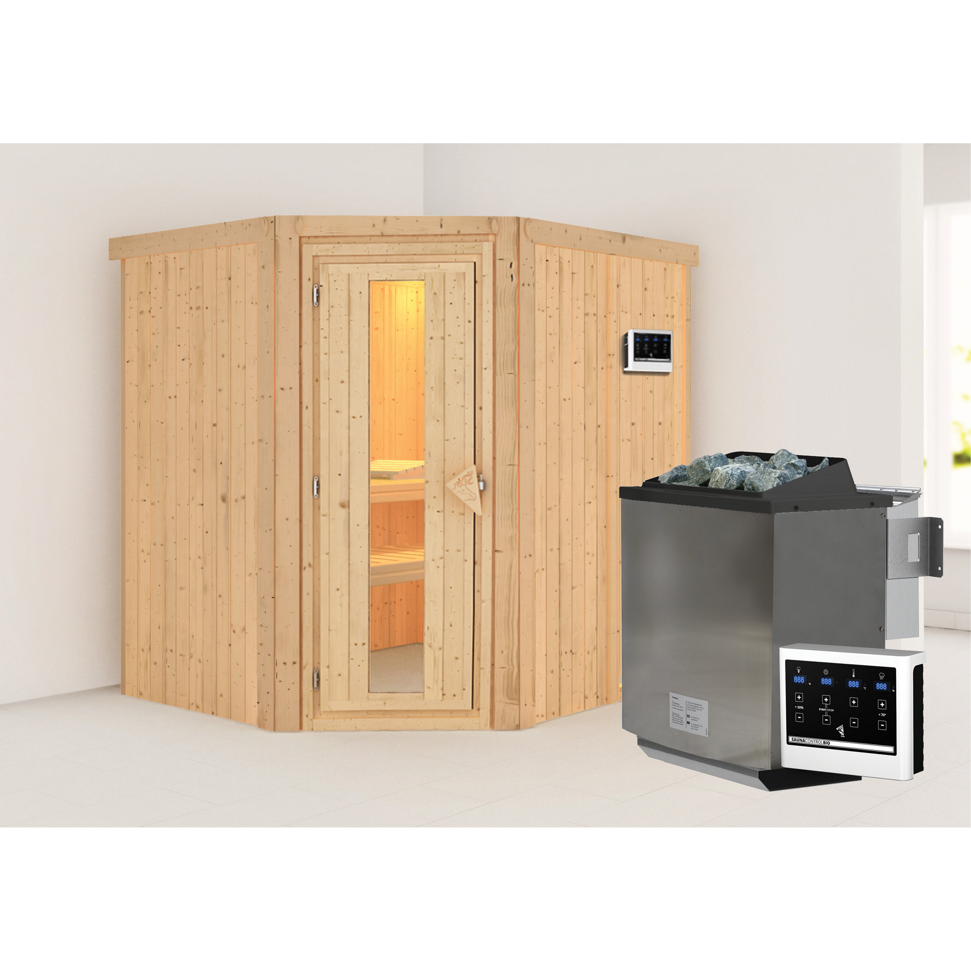 Ecksauna aus hellem Holz mit Saunaofen
