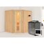 Ecksauna aus hellem Holz mit Saunaofen