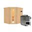 Ecksauna aus Holz mit Saunaofen