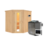 Ecksauna aus Holz mit Saunaofen