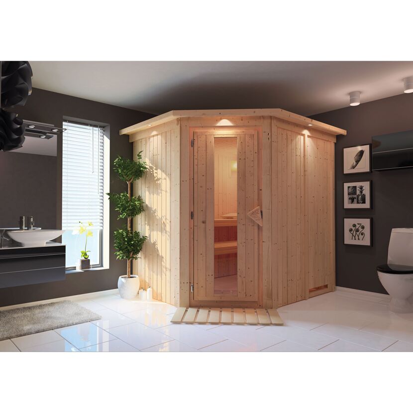 Elementsauna 'Alena' naturbelassen mit Kranz und Energiespartür 210 x 184 x 202 cm