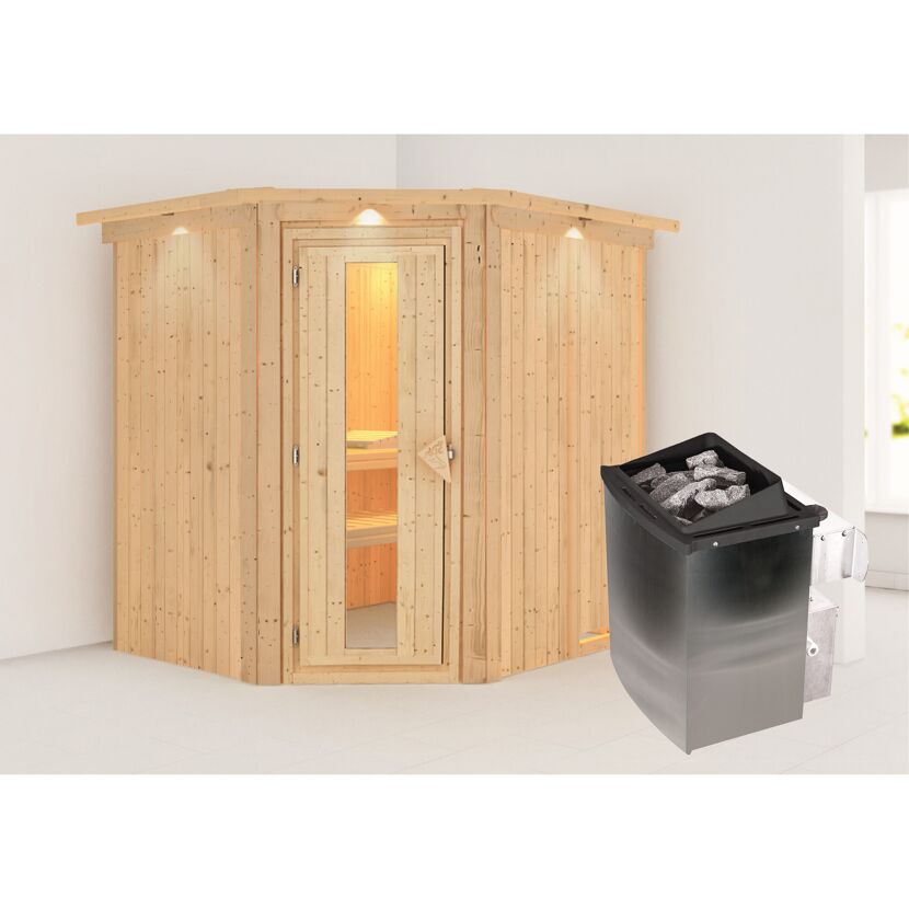 Ecksauna aus hellem Holz mit Saunaofen