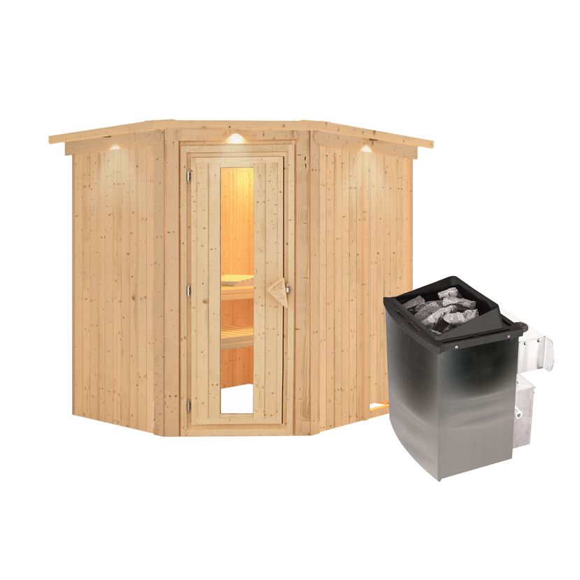 Eck-Sauna aus hellem Holz mit Saunaofen