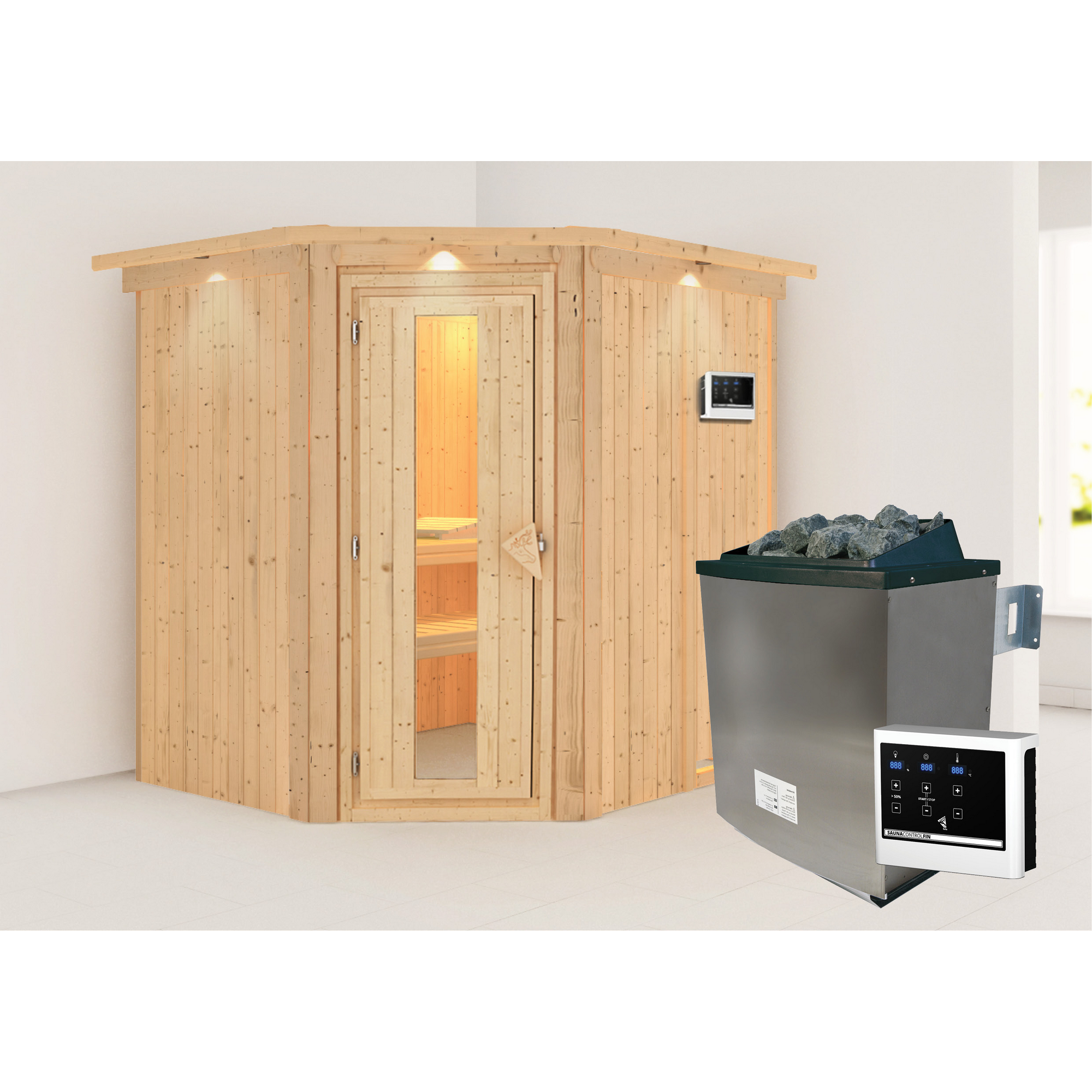 Ecksauna Alena aus Holz mit Saunaofen