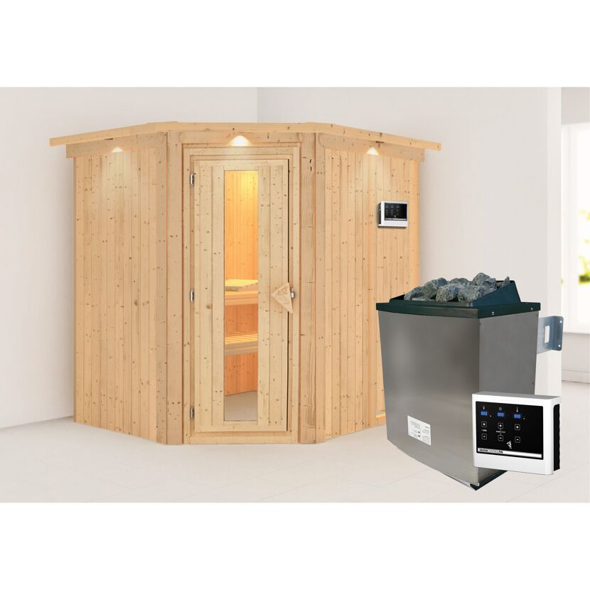 Ecksauna Alena aus Holz mit Saunaofen