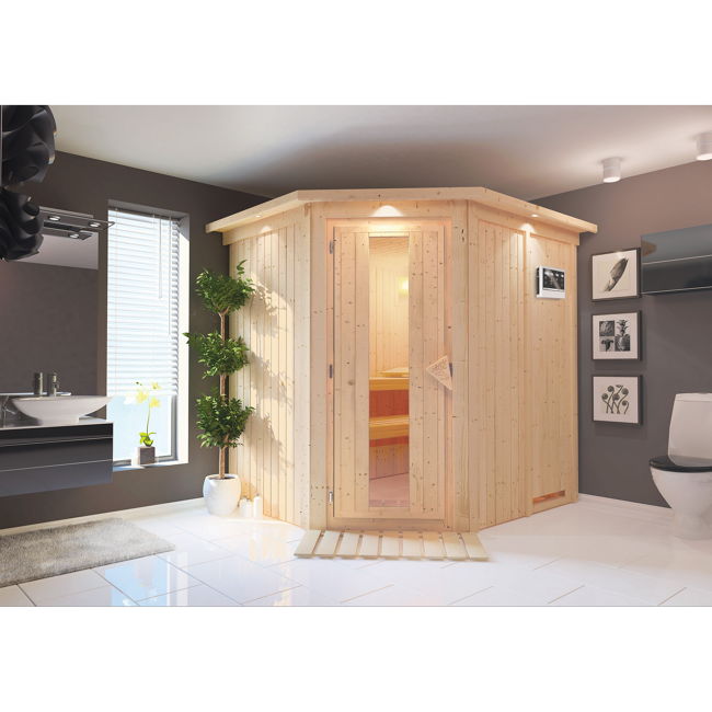 Bild von Elementsauna 'Alena' naturbelassen mit Kranz und Energiespartür 9 kW Bio-Ofen externe Steuerung Easy 210 x 184 x 202 cm
