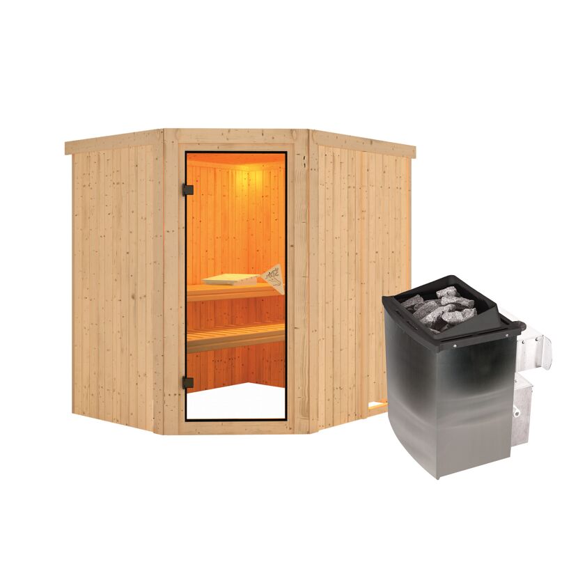 Eck-Sauna aus Holz mit Saunaofen
