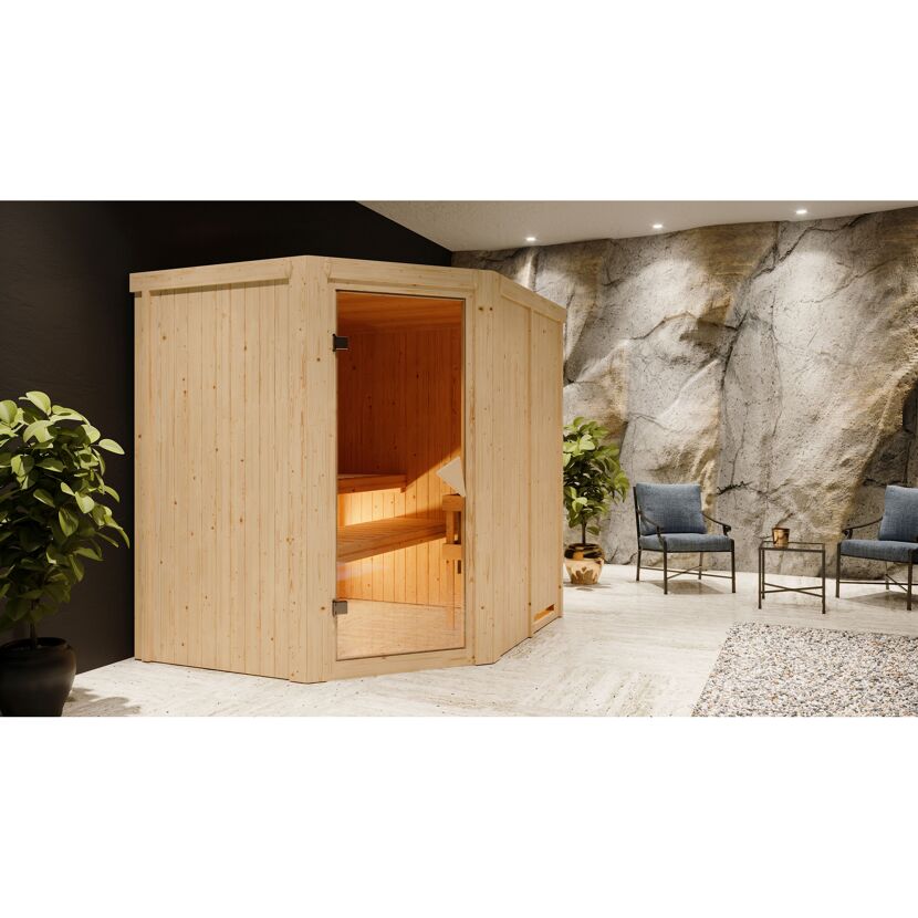 Elementsauna 'Alena' naturbelassen mit bronzierter Tür 9 kW Ofen Edelstahl externe Steuerung Easy 196 x 170 x 198 cm
