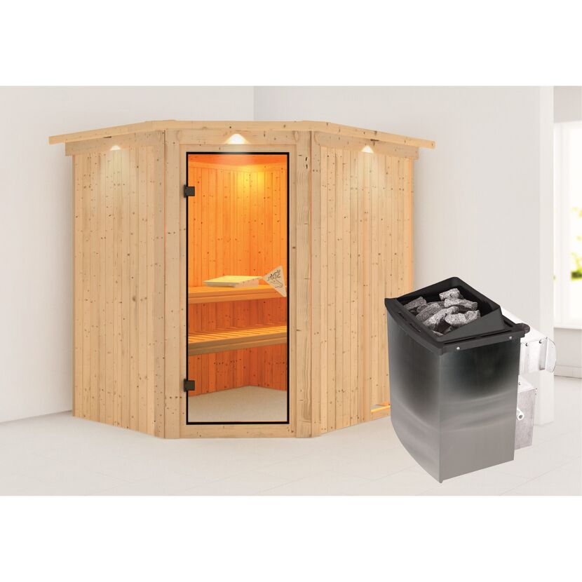 Elementsauna 'Alena' naturbelassen mit Kranz 9 kW Ofen integrierte Steuerung 210 x 184 x 202 cm
