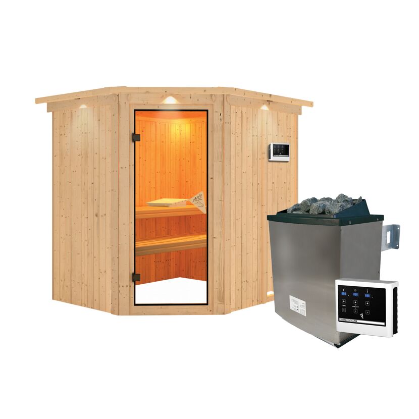 Eck-Sauna aus hellem Holz mit Saunaofen