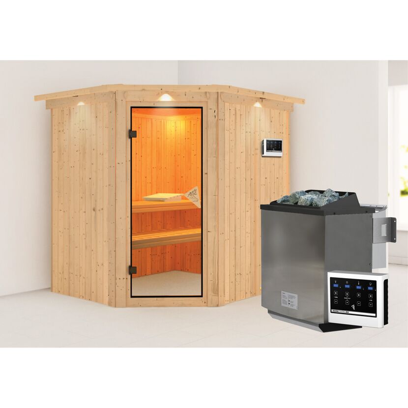 Eck-Sauna aus Holz mit Saunaofen und Steuergerät