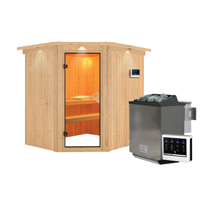 Eck-Sauna aus hellem Holz mit Saunaofen