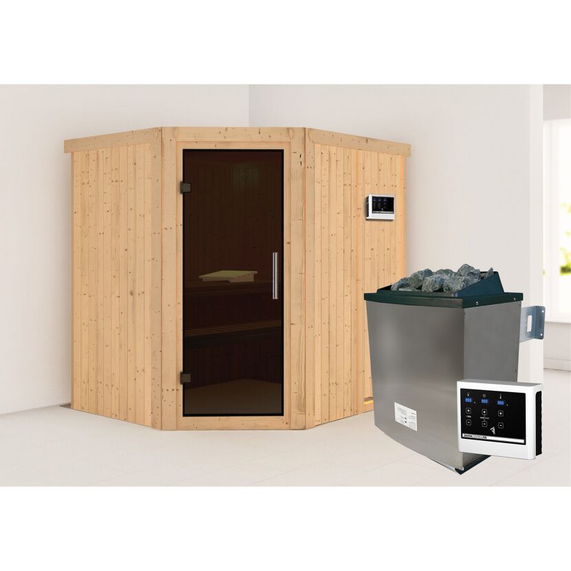 Ecksauna aus hellem Holz mit Saunaofen