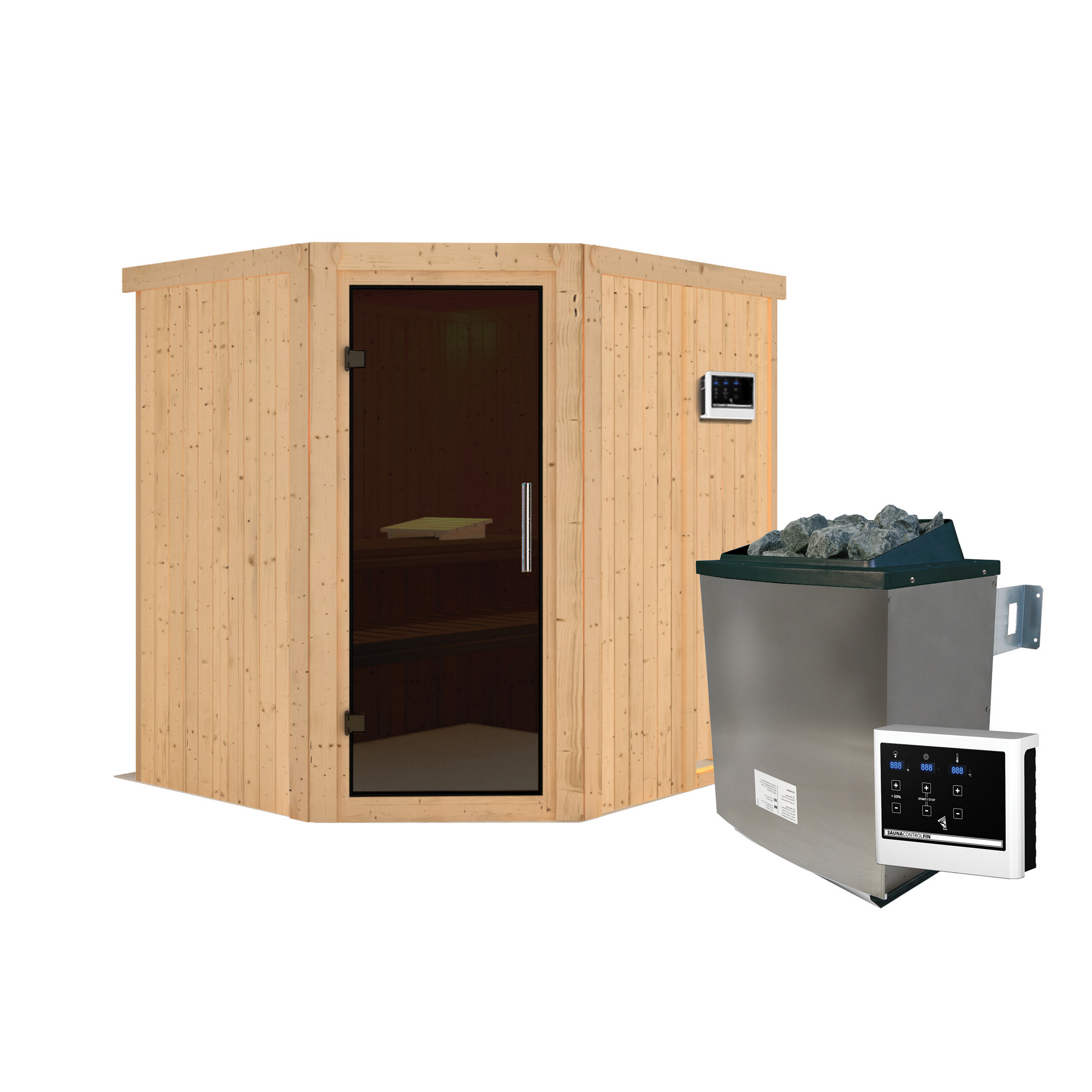 Elementsauna 'Alena' naturbelassen mit graphitfarbener Tür 9 kW Ofen externe Steuerung Easy 196 x 170 x 198 cm