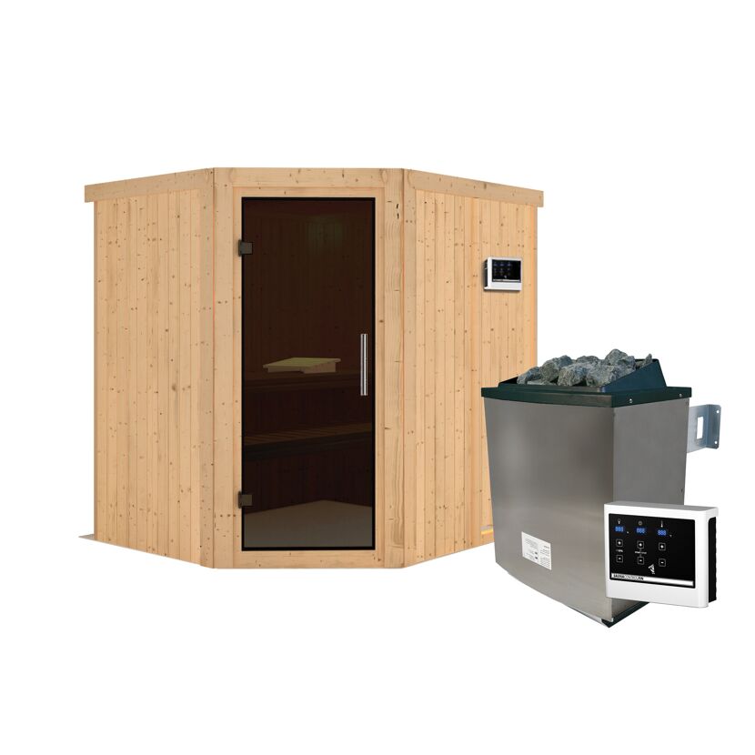 Ecksauna aus Holz mit Saunaofen und Steuerung