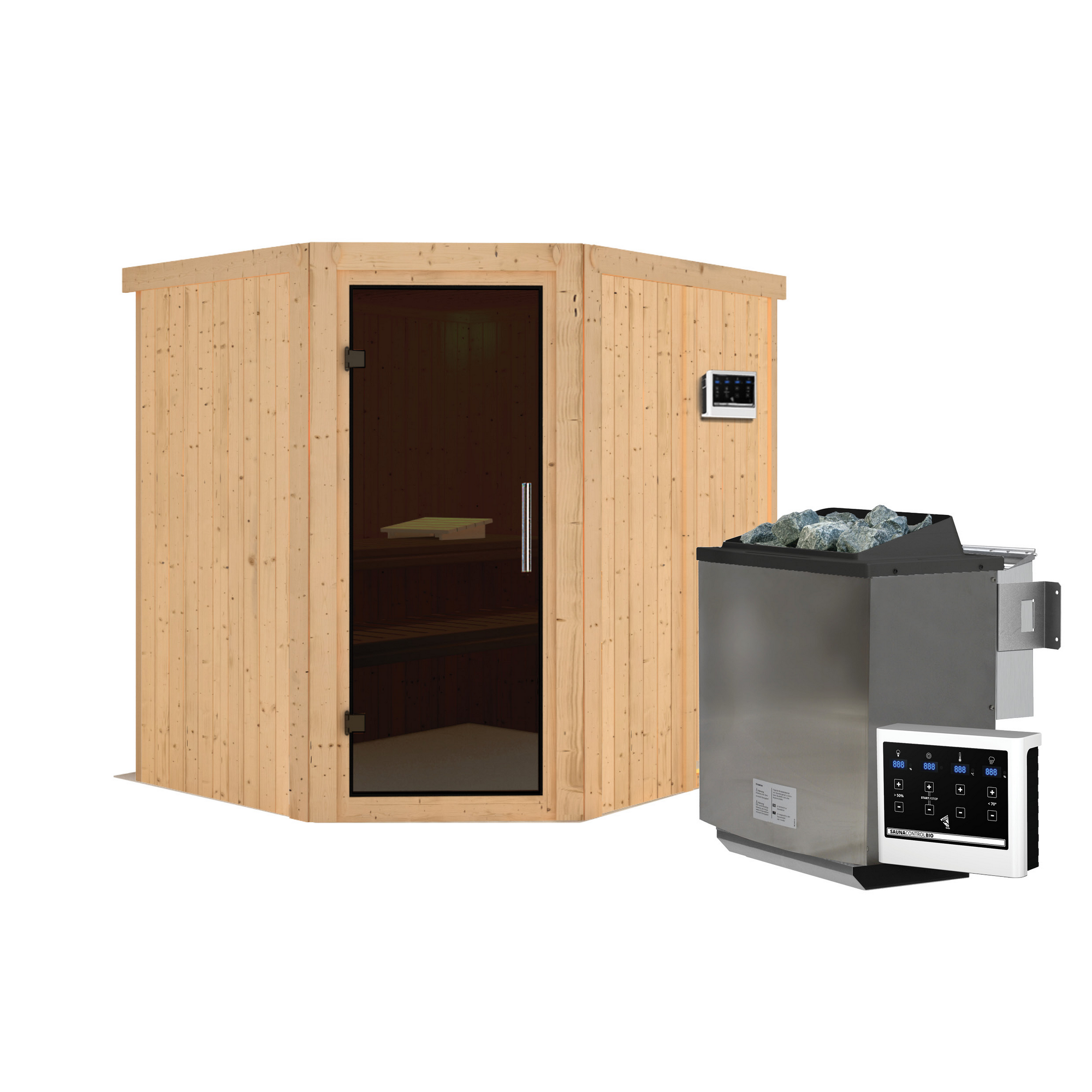 Elementsauna 'Alena' naturbelassen mit graphitfarbener Tür 9 kW Bio-Ofen externe Steuerung Easy 196 x 170 x 198 cm