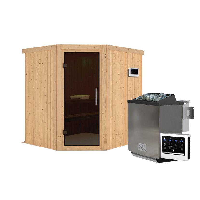 Elementsauna 'Alena' naturbelassen mit graphitfarbener Tür 9 kW Bio-Ofen externe Steuerung Easy 196 x 170 x 198 cm
