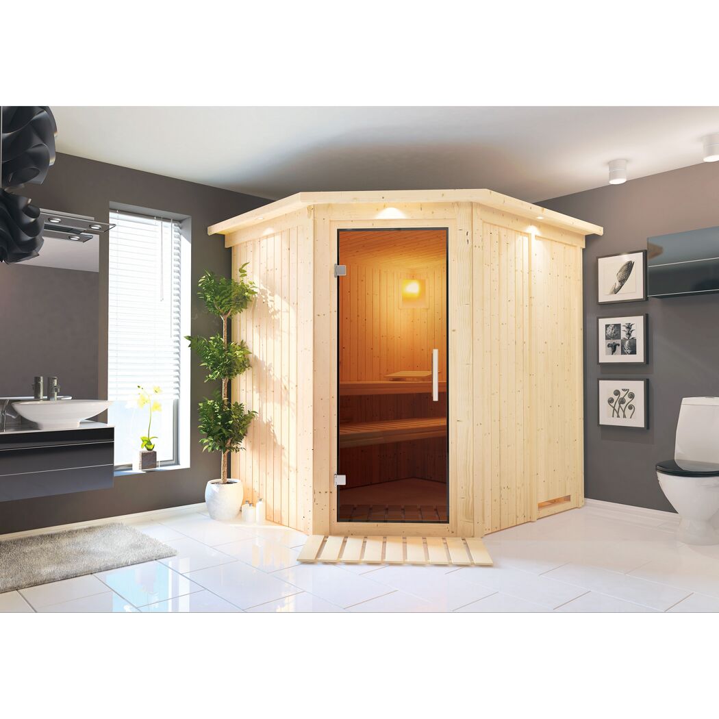 Elementsauna 'Alena'naturbelassen mit Kranz und graphitfarbenerr Tür 210 x 184 x 202 cm