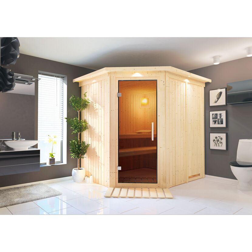 Elementsauna 'Alena'naturbelassen mit Kranz und graphitfarbenerr Tür 210 x 184 x 202 cm