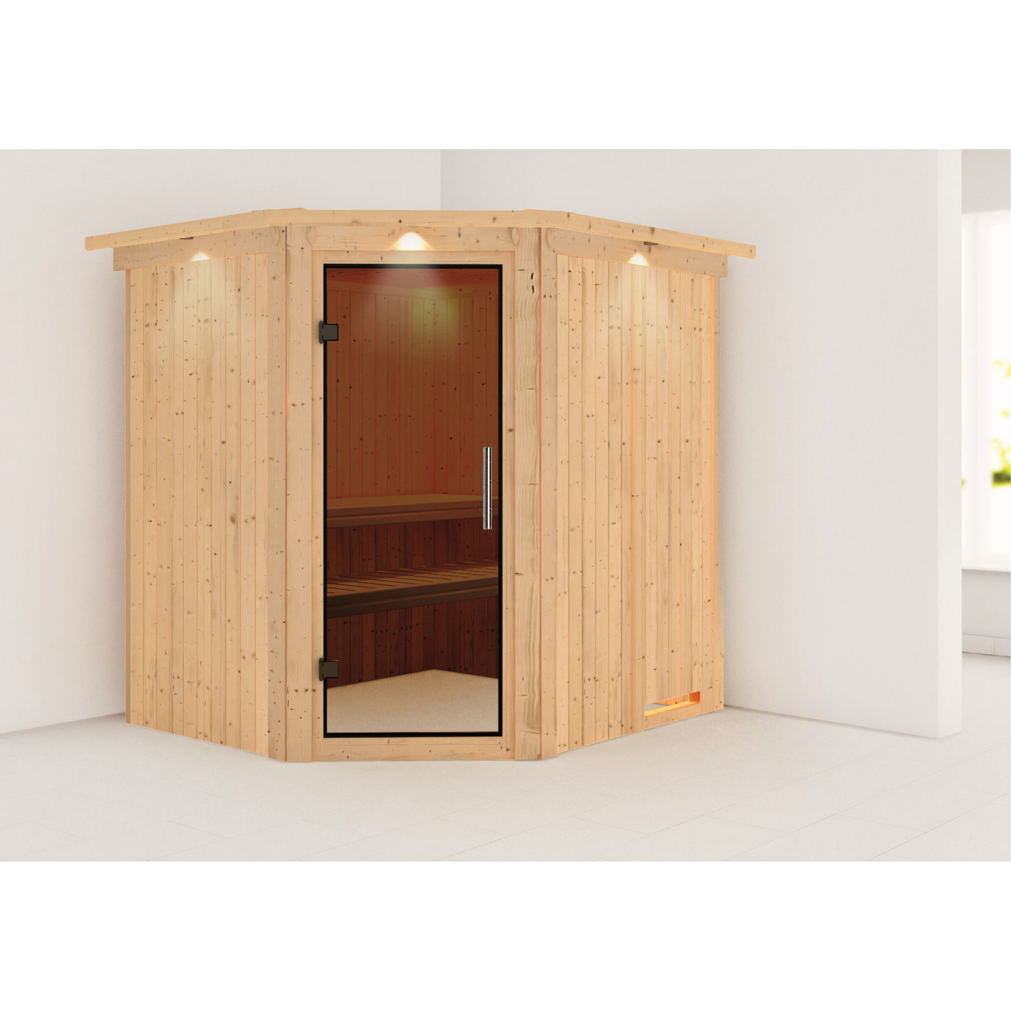 Elementsauna 'Alena'naturbelassen mit Kranz und graphitfarbenerr Tür 210 x 184 x 202 cm + product picture